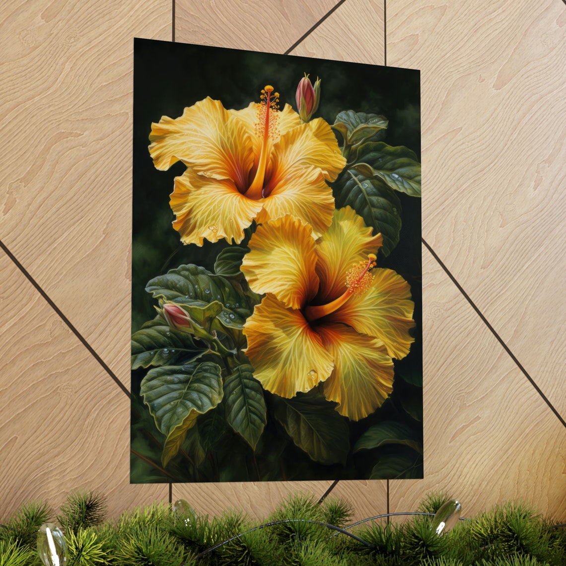 Golden Yellow Hibiscus Blooms Dark Tropical Floral Fine Art Poster - Image 2