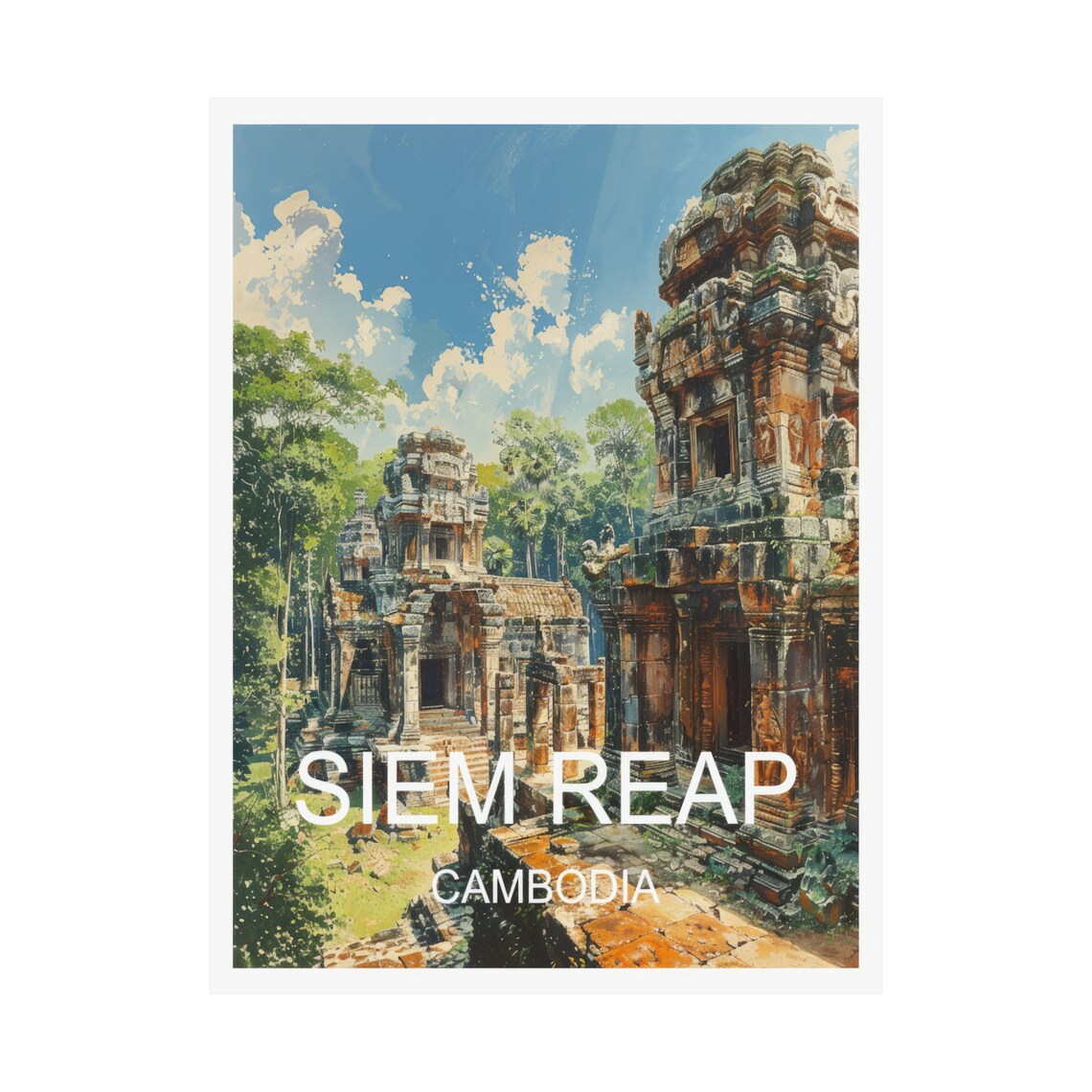 Siem Reap Cambodia Ancient Khmer Temple Towers Jungle Painting Poster - Image 3