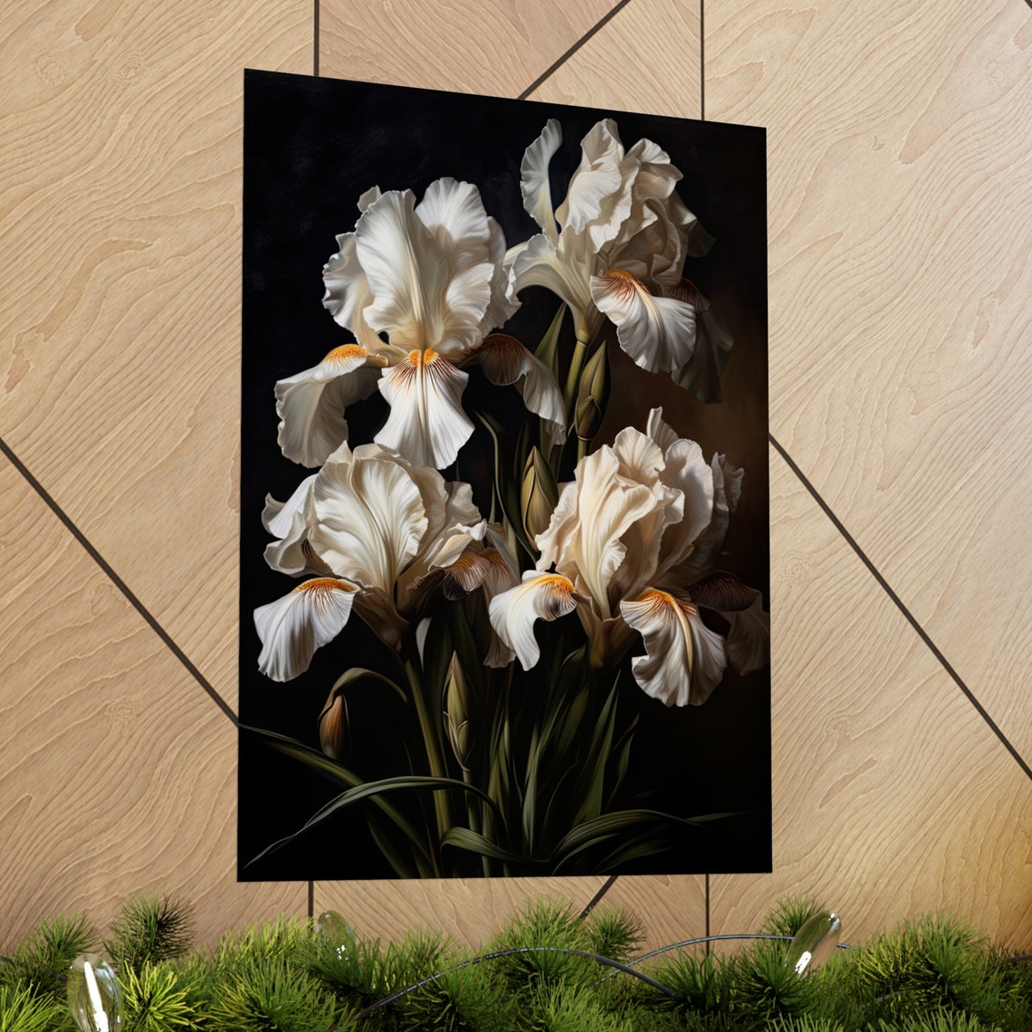 White Iris Blooms Golden Beards Dark Botanical Floral Art Print - Image 2