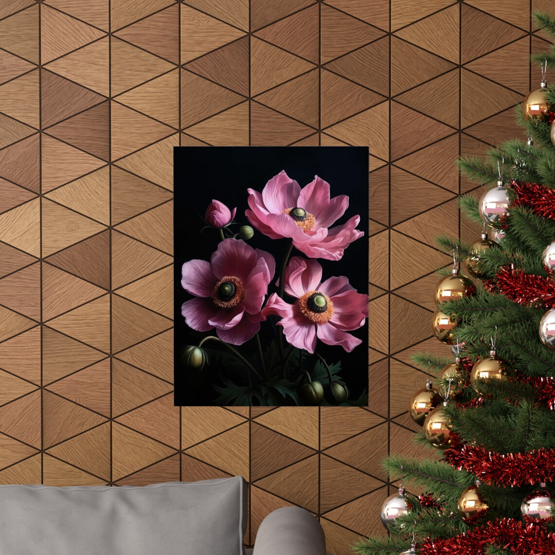 Pink Anemone Blooms Buds Dark Moody Botanical Floral Still Life Poster - Image 3