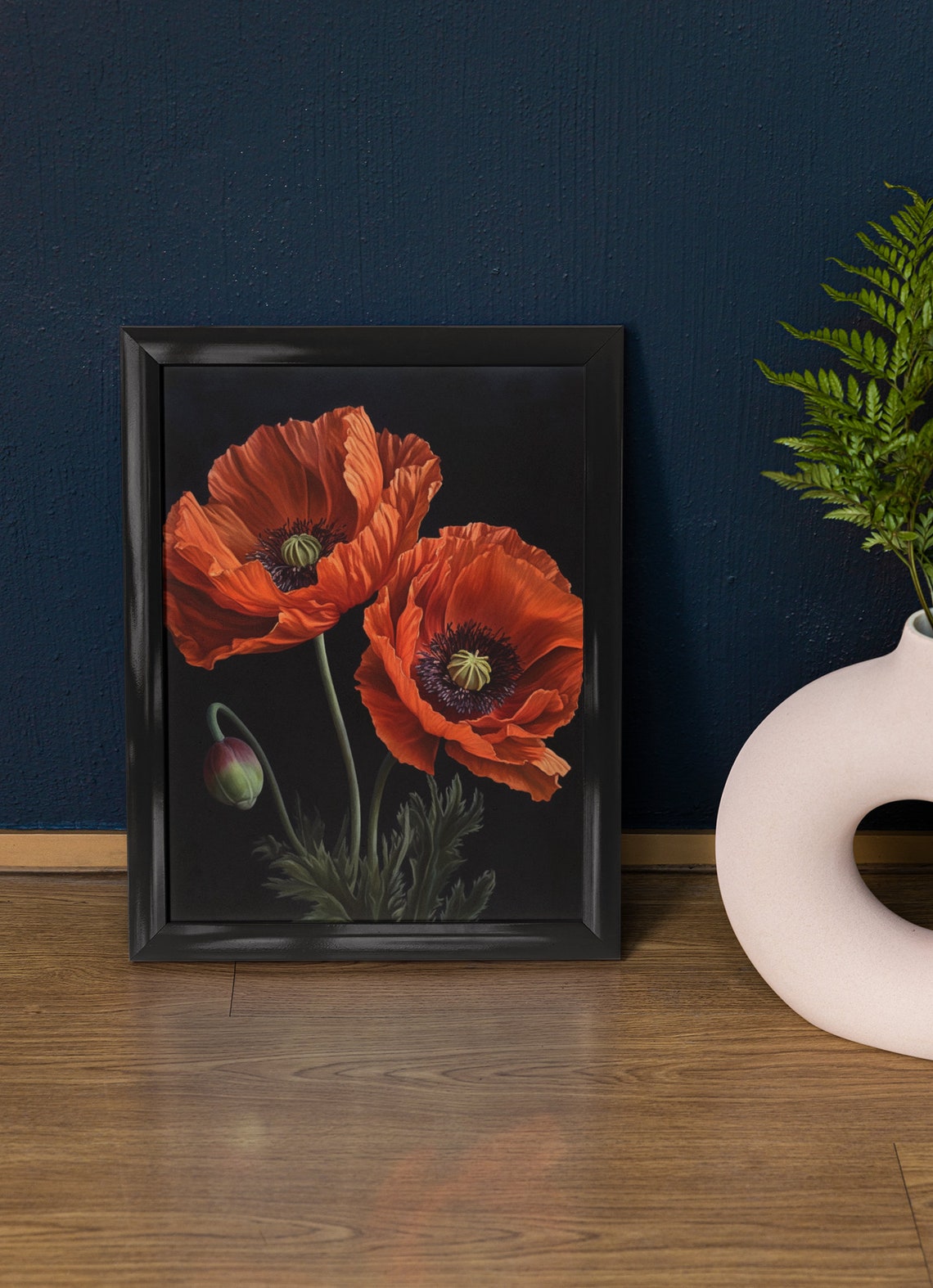 Coral Orange Poppy Blooms Bud Dark Background Botanical Art Print