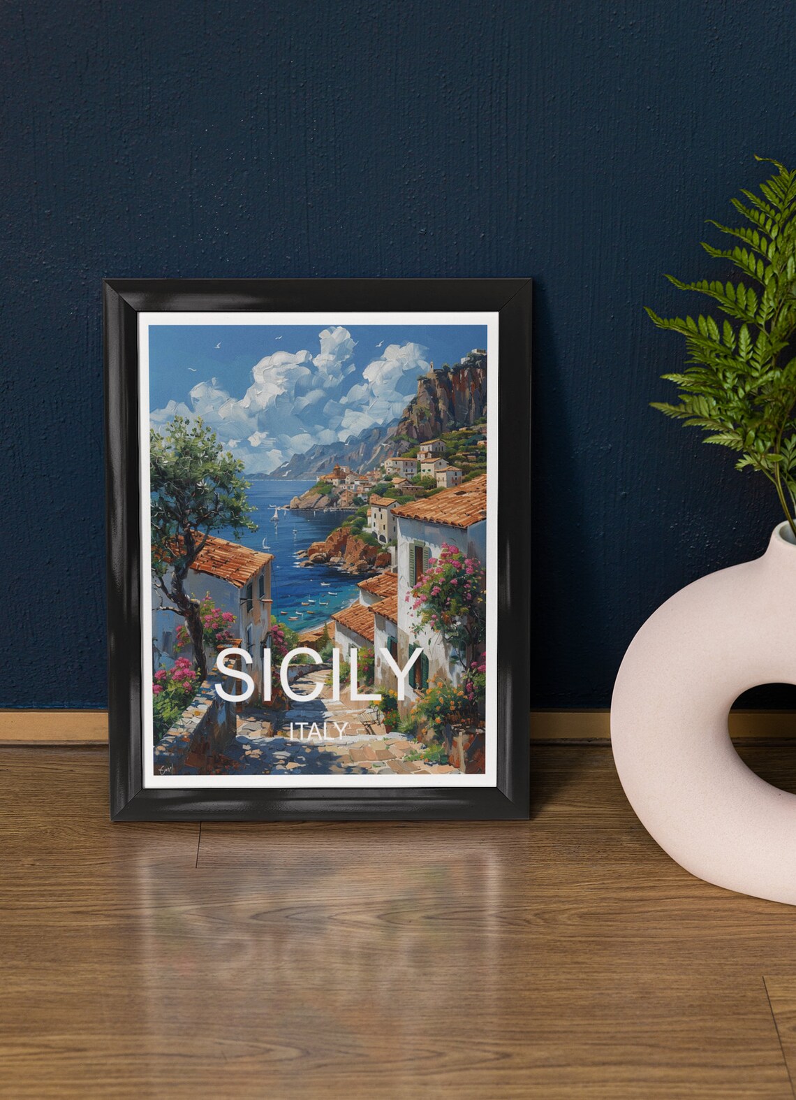 Sicily Italy Coastal Cliff Town Stone Lane Blue Sea View Travel Poster