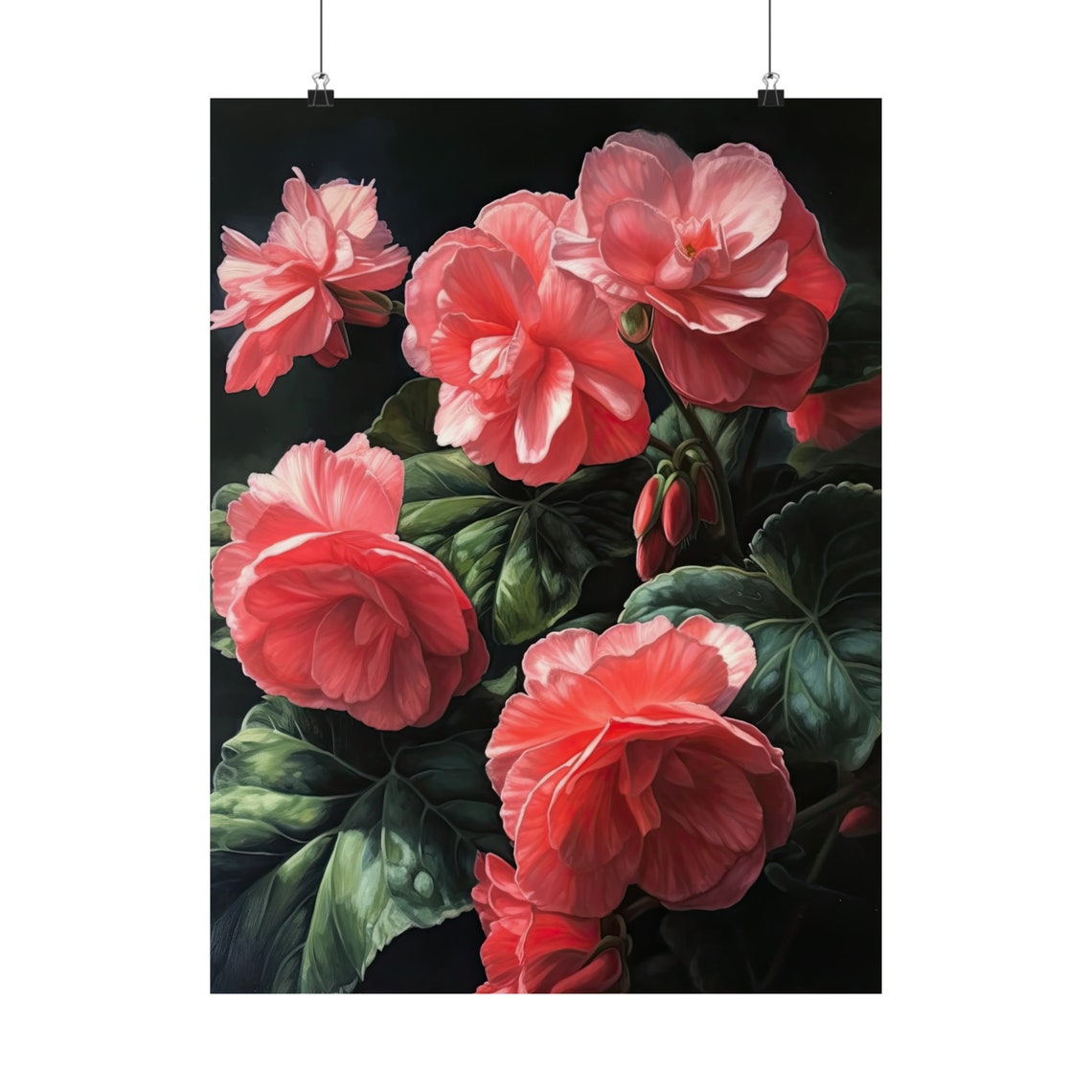 Pink Begonia Blooming Branches Dark Elegant Garden Floral Art Poster - Image 5