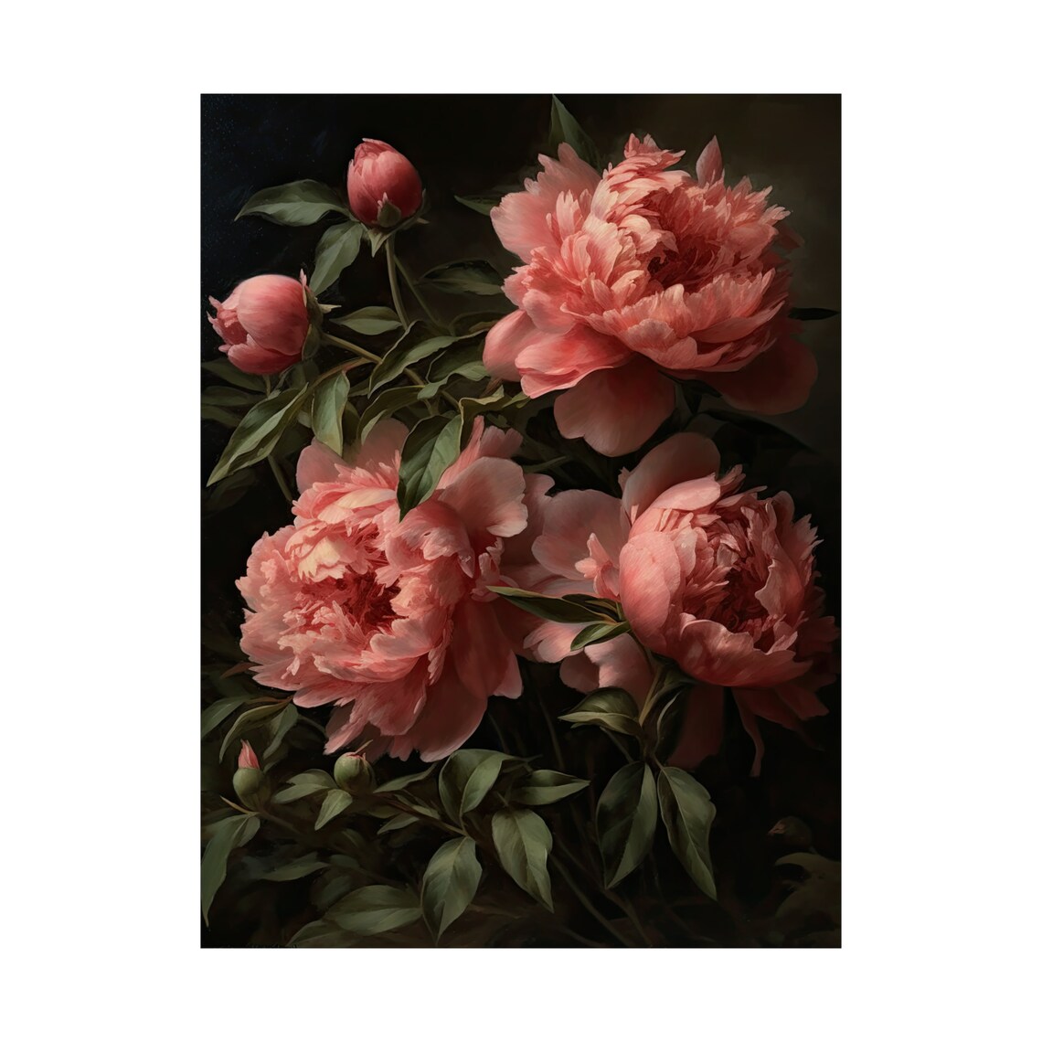 Pink Peony Blooms Soft Blush Blossoms Dark Botanical Still Life Poster - Image 4