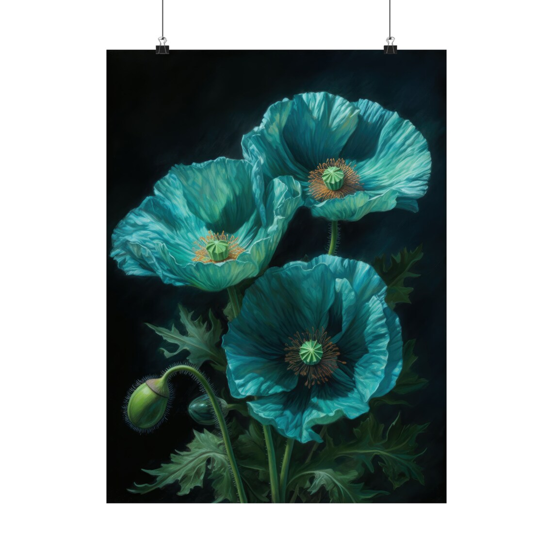 Turquoise Poppy Flowers Dark Background Trio Botanical Painting Poster - Image 5