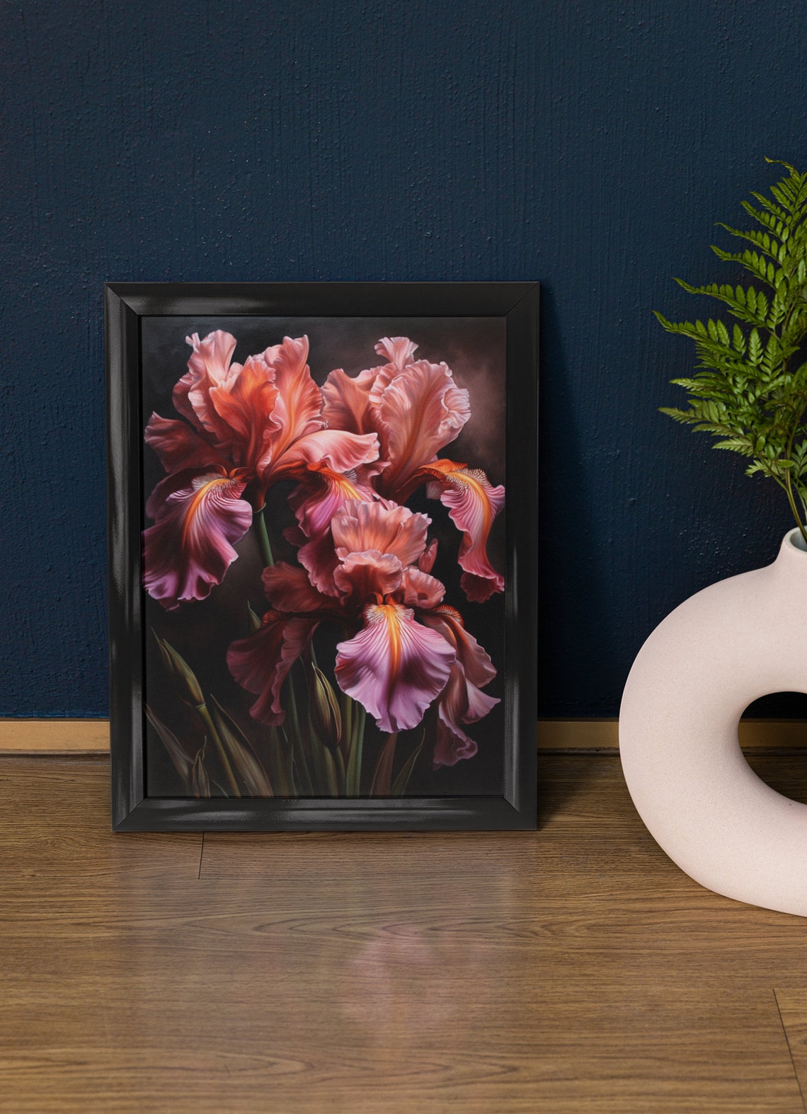 Pink Iris Blooms Soft Rose Dramatic Dark Floral Wall Art Print