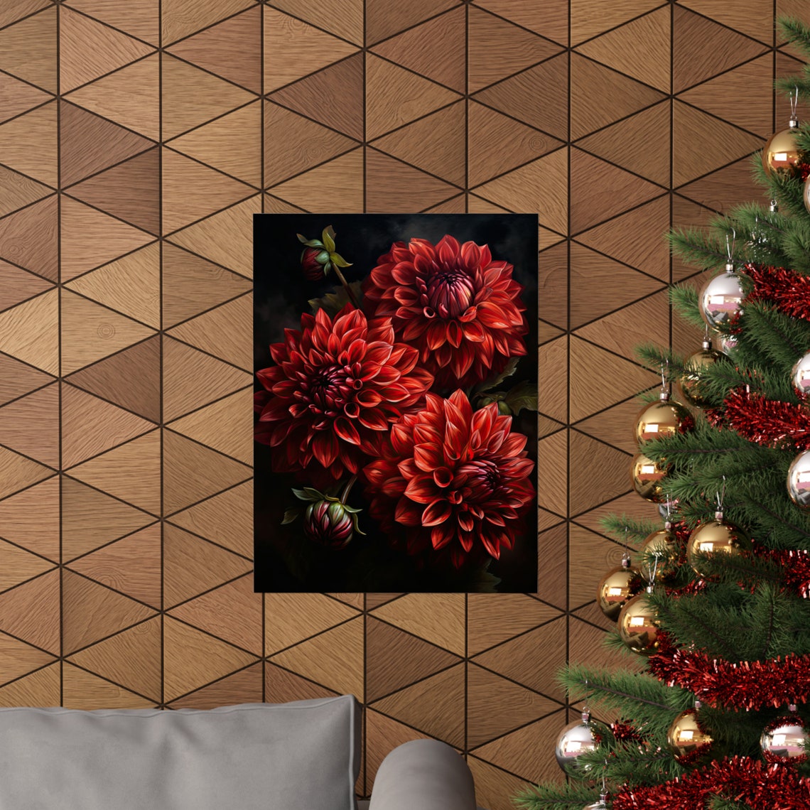 Red Dahlia Blooms on Black Botanical Floral Oil Painting Art Print - Image 3