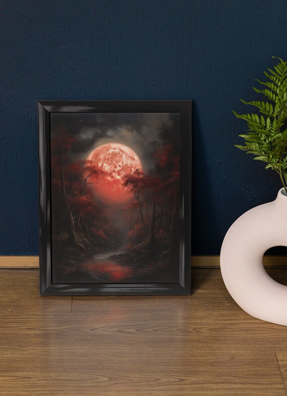 Blood Red Moon Over Crimson Autumn Forest Misty Gothic Night Wall Art