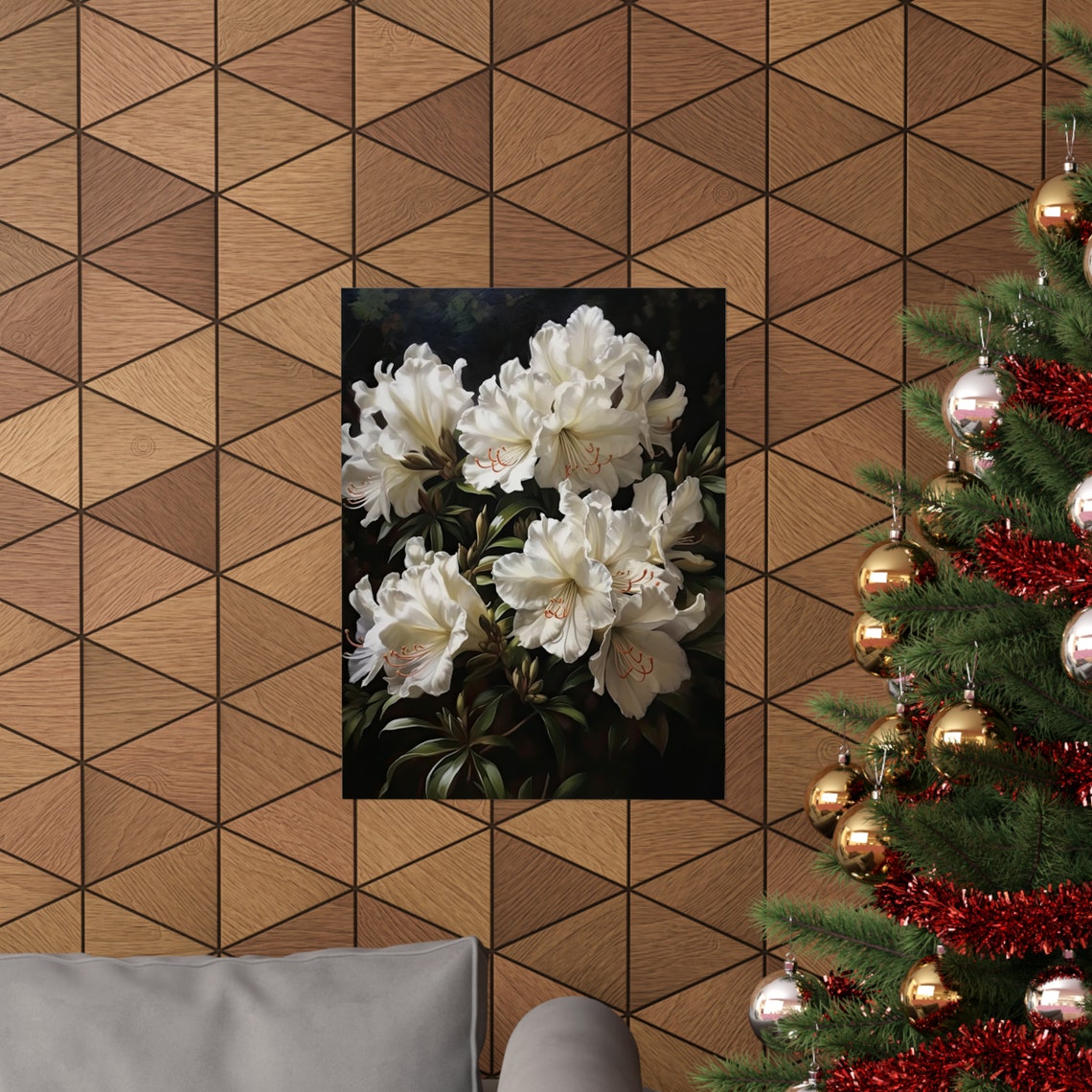 Elegant White Azalea Blossoms Dark Moody Botanical Art Poster - Image 3