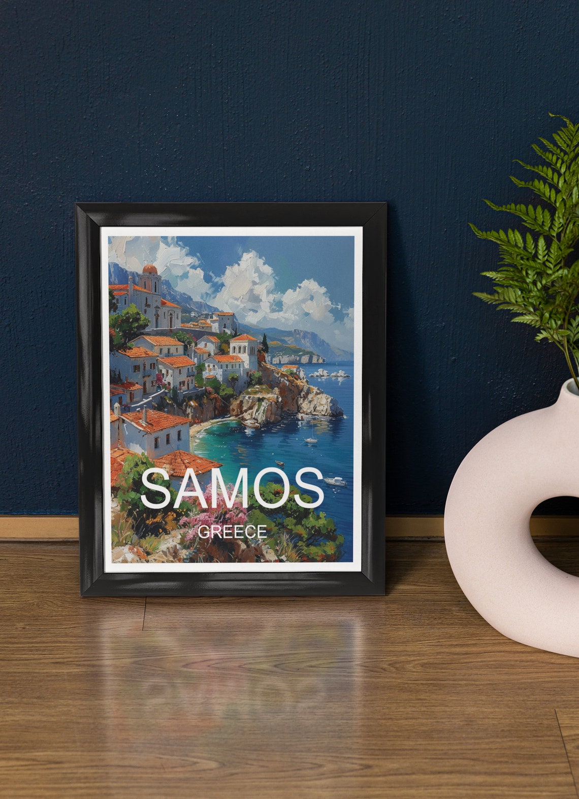 Samos Greece Aegean Cliff Village Blue Sea Harbor Travel Poster
