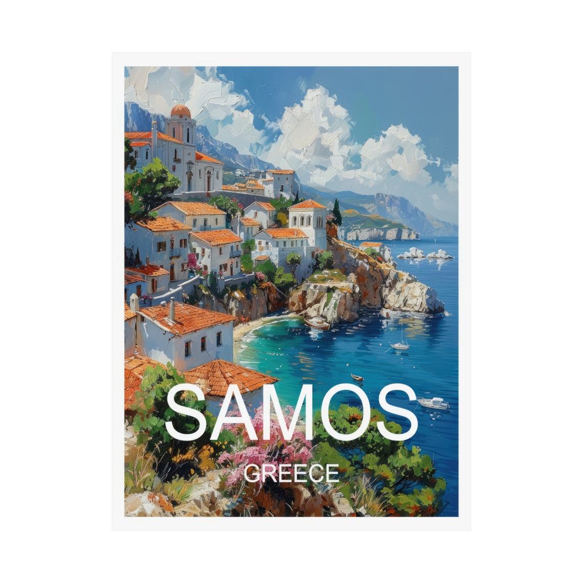 Samos Greece Aegean Cliff Village Blue Sea Harbor Travel Poster - Image 3