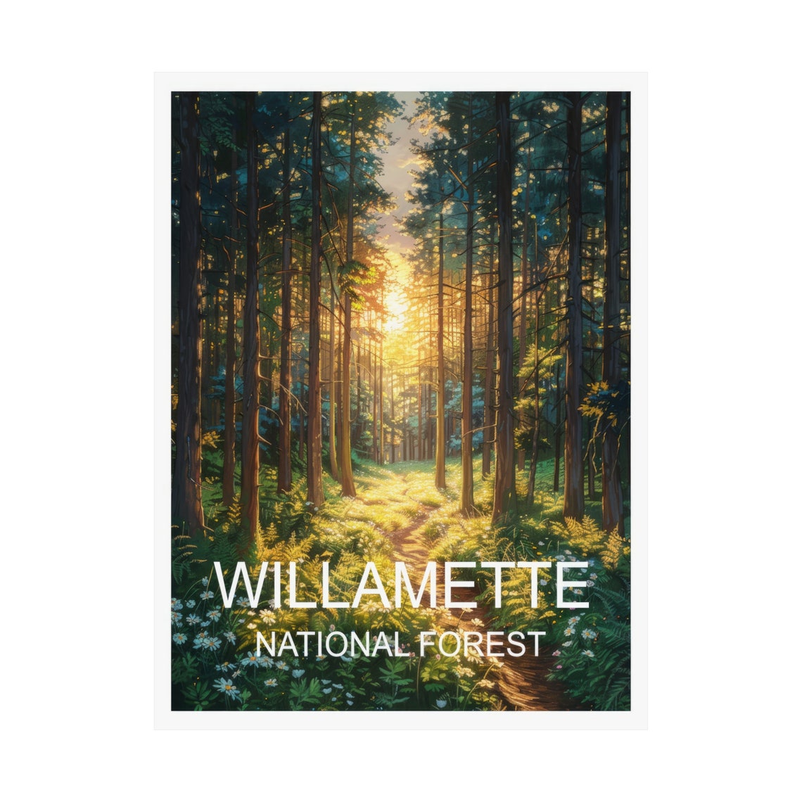Willamette National Forest Sunlit Pine Trail Path Watercolor Poster - Image 3