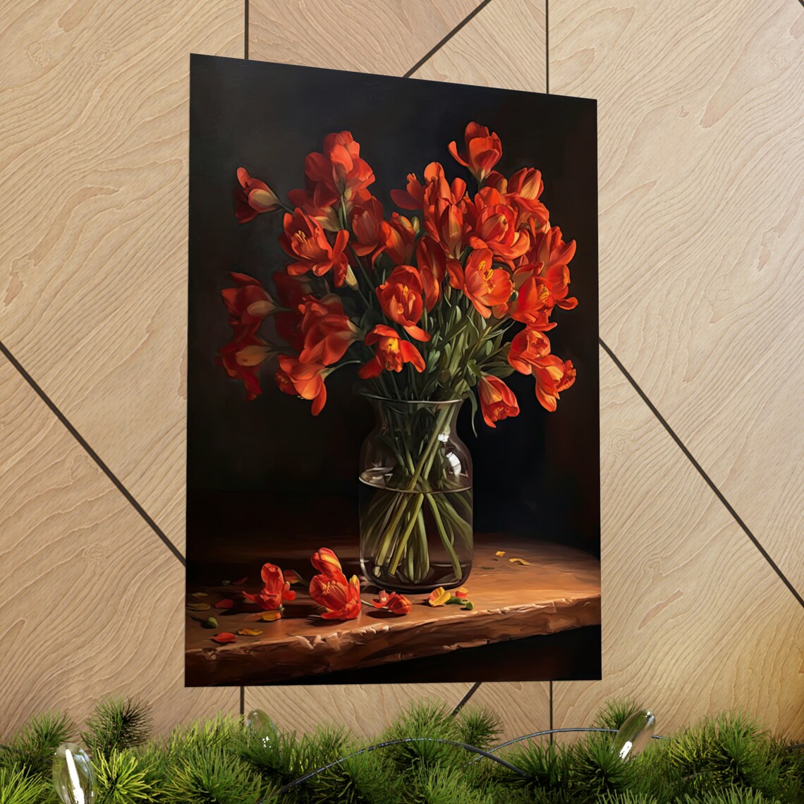 Red Freesia Still Life Flower Bouquet Glass Vase Dark Botanical Print - Image 2