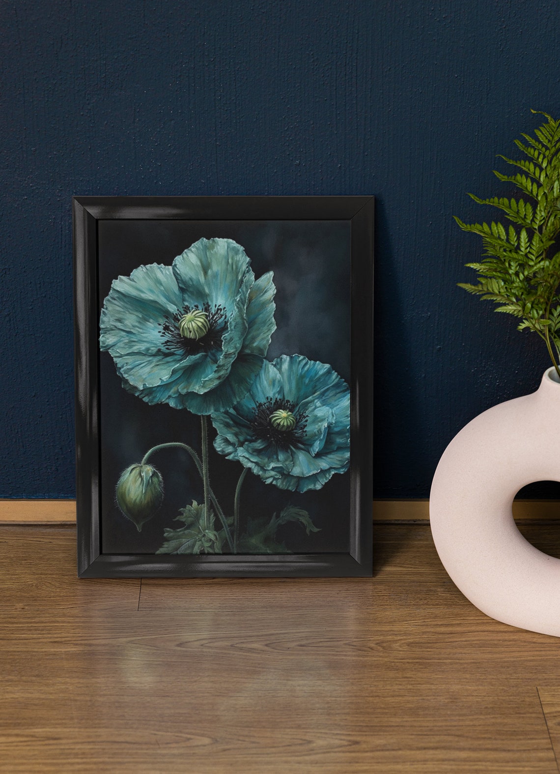 Teal Blue Poppy Flowers Dark Background Dramatic Botanical Poster