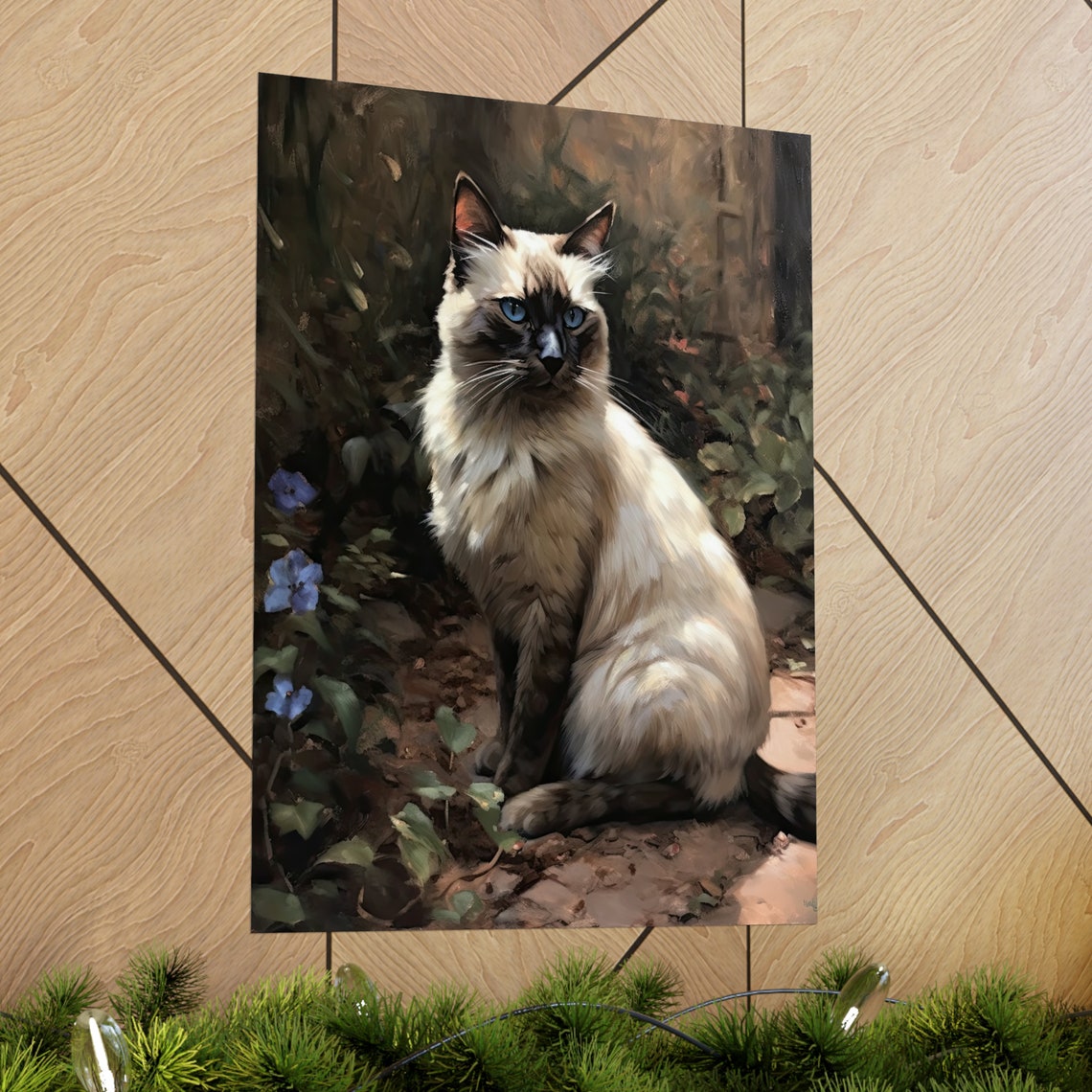 Balinese Cat Colorpoint Blue Eyes Sitting In Garden With Flowers Print - Image 2