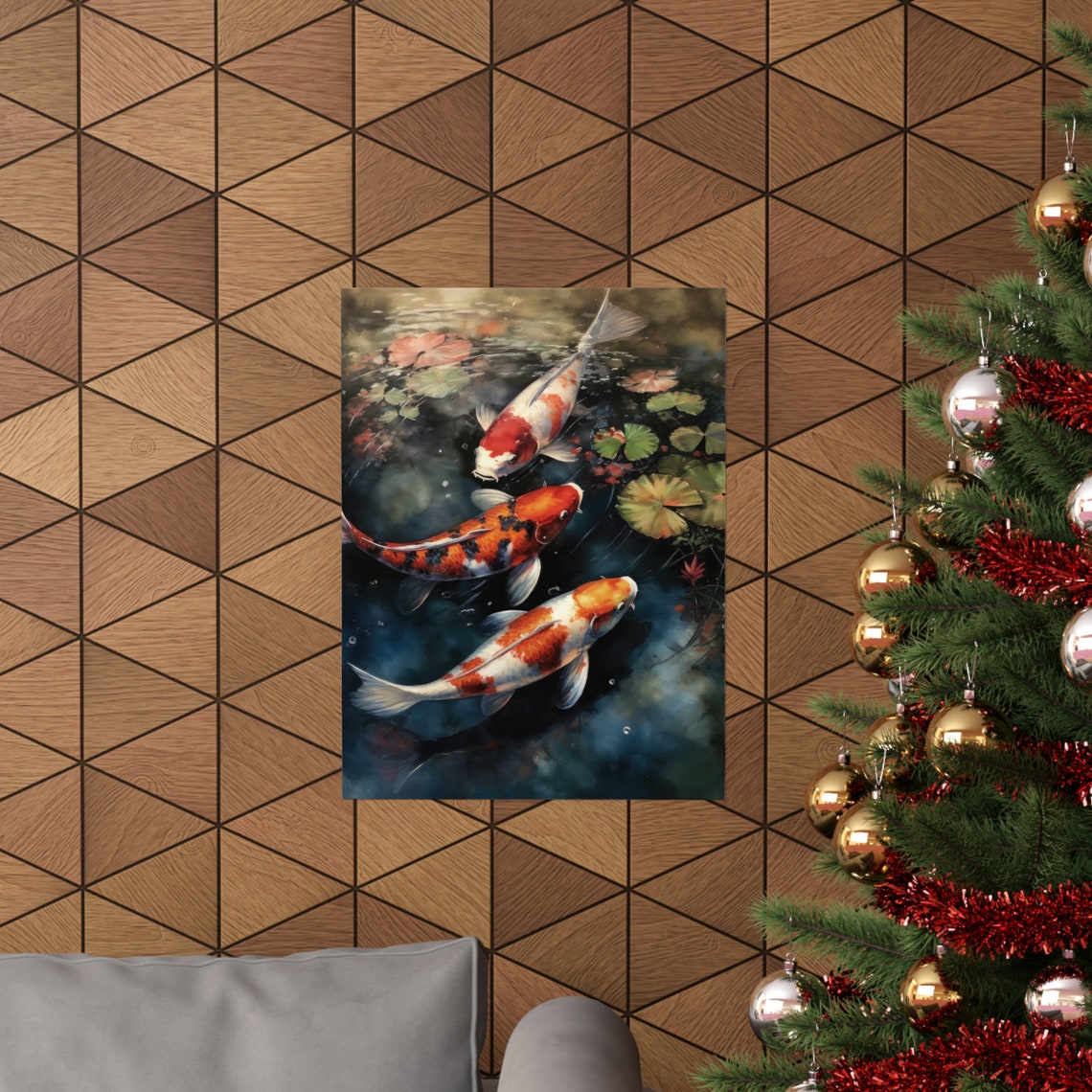 Three Vibrant Colorful Koi Fish in Tranquil Pond Painting Art Print - Image 3