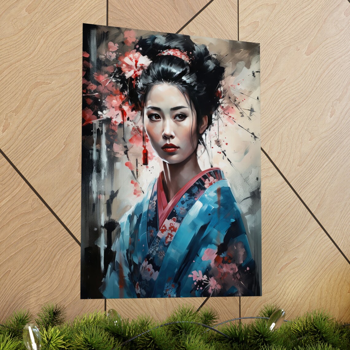 Geisha Blue Kimono Cherry Blossom Artistic Portrait Asian Art Poster - Image 2