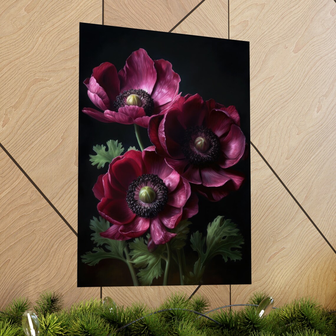 Burgundy Anemone Blossoms Dark Moody Botanical Still Life Art Print - Image 2