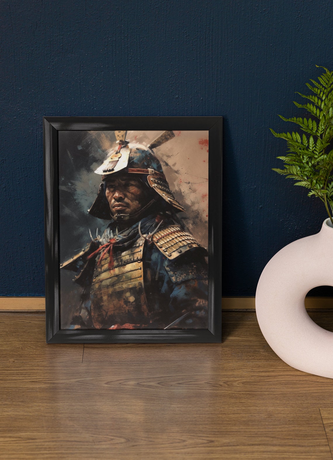 Samurai Warrior in Battle Worn Armor Dramatic Oil Painting Art Print