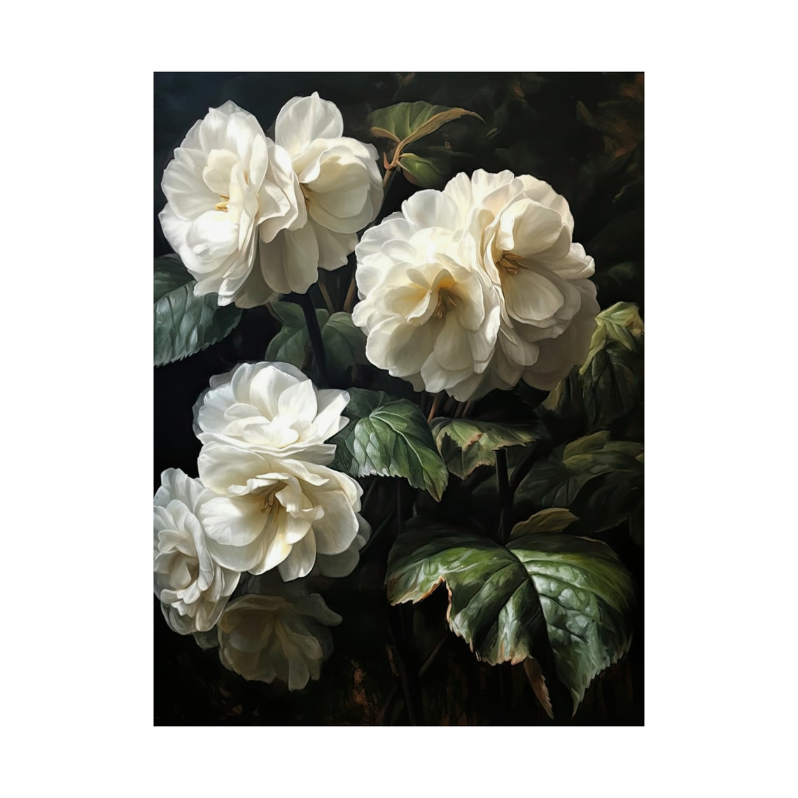 White Begonia Blossoms Dark Leafy Backdrop Crisp Floral Art Poster - Image 4
