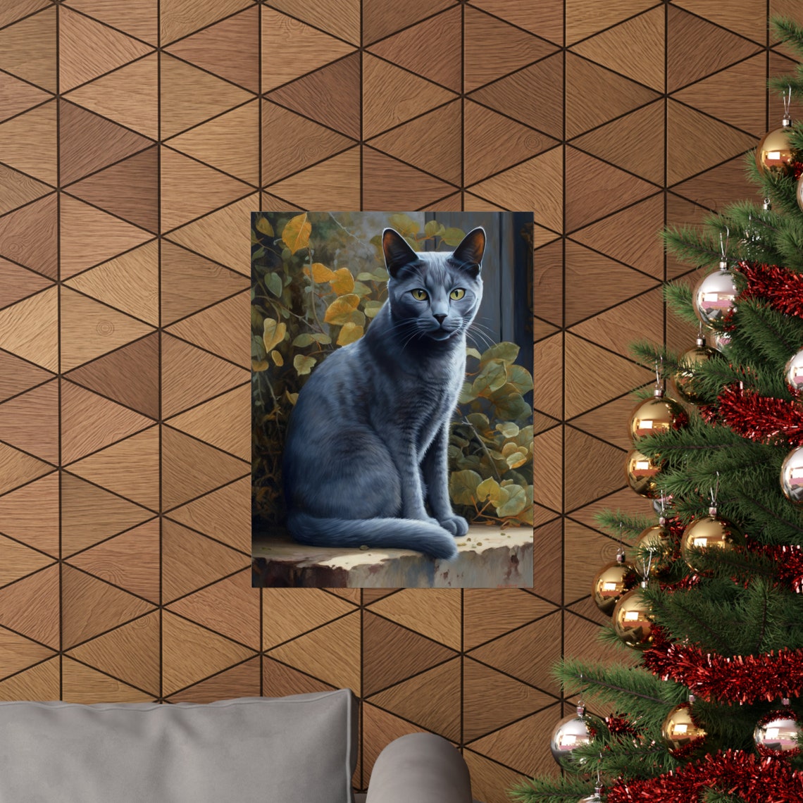 Russian Blue Cat Green Eyes Leafy Garden Portrait Art Poster - Image 3