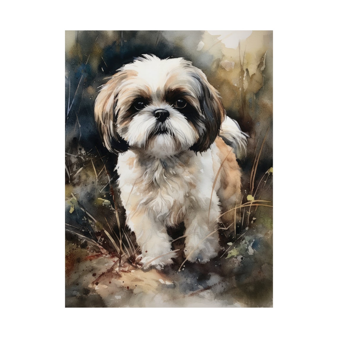 Shih Tzu Puppy Watercolor Portrait in a Grassy Meadow Poster - Image 4