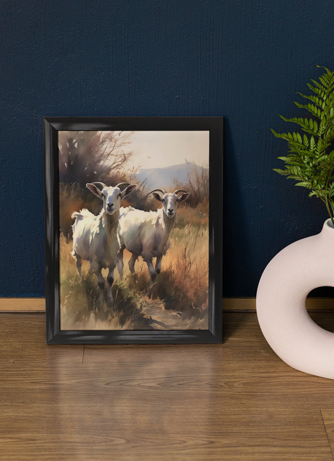 Two White Goats Watercolor Golden Field Farm Animal Painting Wall Art