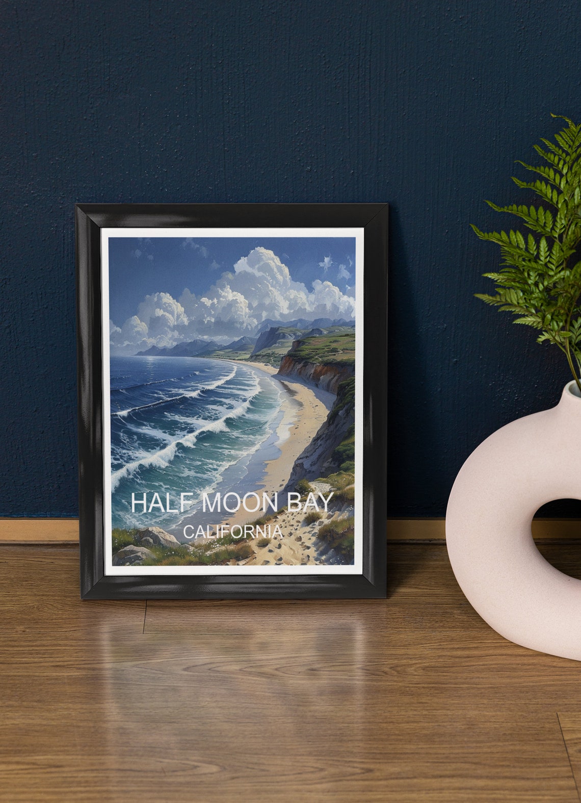 Half Moon Bay California Cliff Beach Rolling Waves Travel Poster