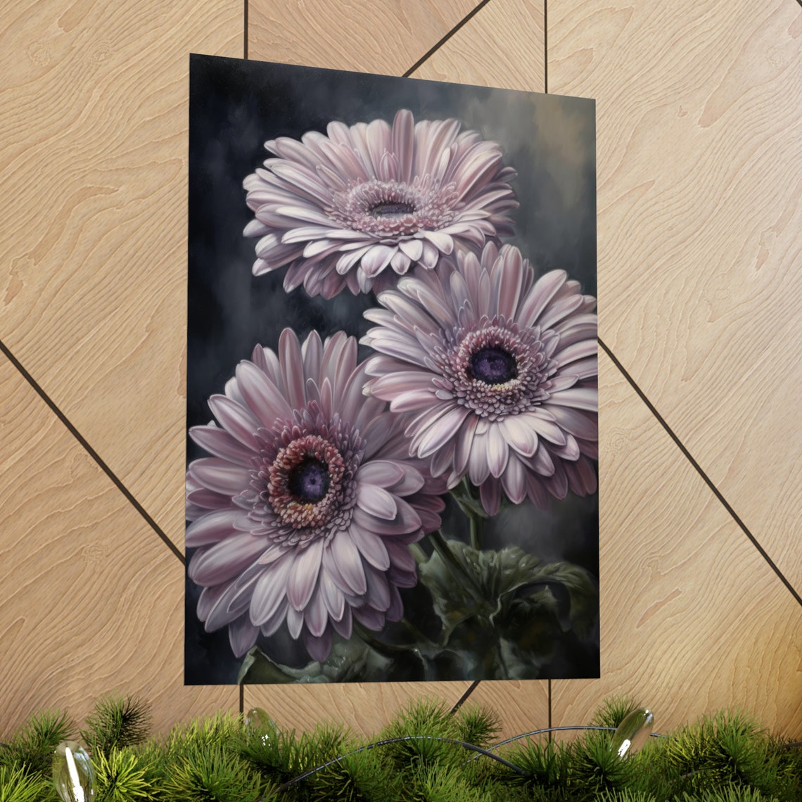 Lavender Gerbera Daisy Soft Lilac Blooms Moody Botanical Art Poster - Image 2