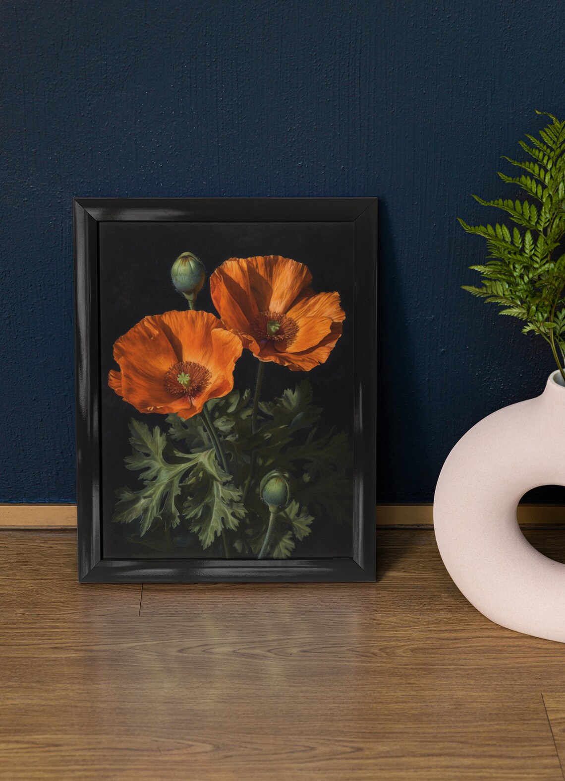 California Poppy Orange Blooms Buds Sunlit Dark Floral Painting Poster