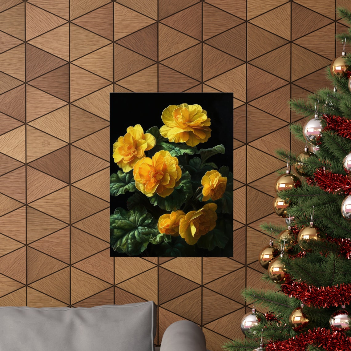 Golden Yellow Begonia Clusters Glossy Leaves Rich Dark Floral Poster - Image 3