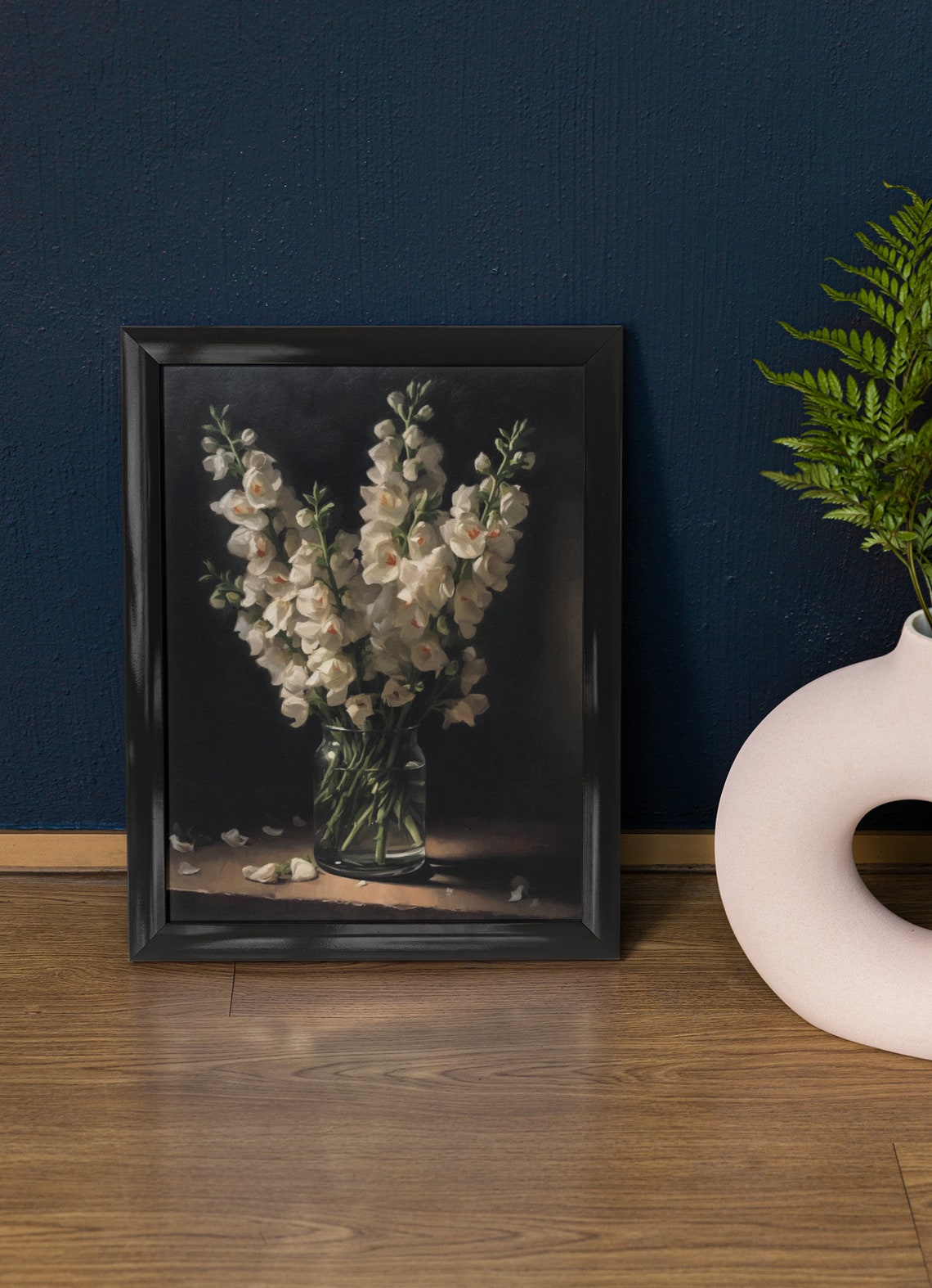 White Snapdragon Blush Throats Glass Vase Dark Still Life Poster