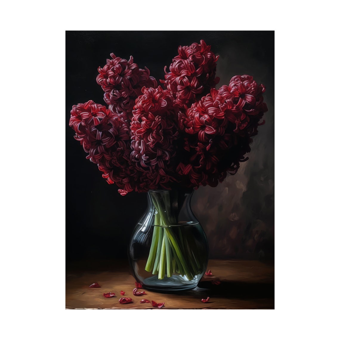 Dark Red Hyacinth Bouquet Glass Vase Dark Still Life Flower Poster - Image 4