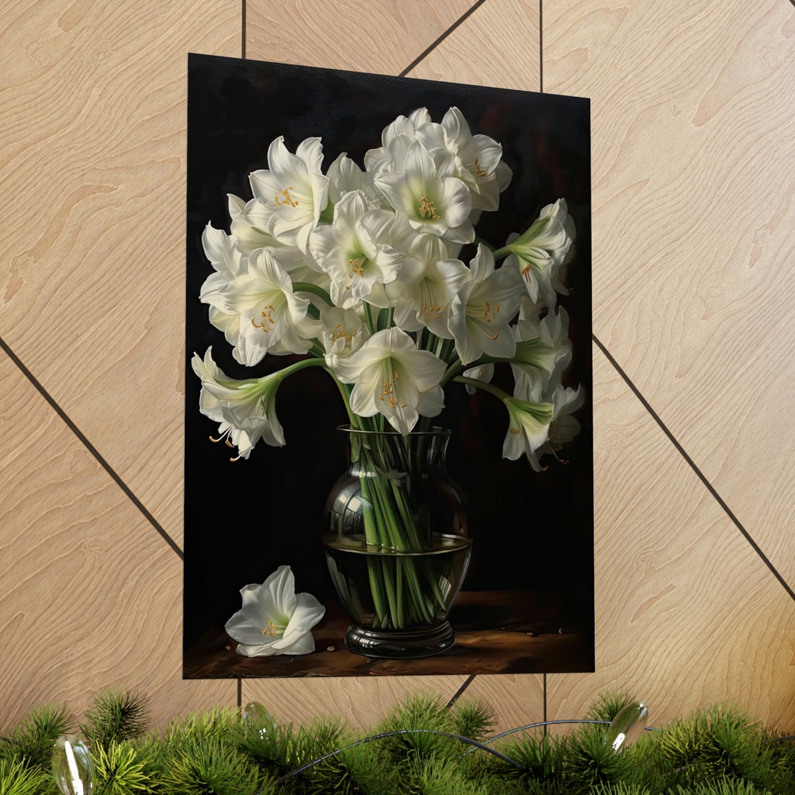 White Amaryllis Flowers Dark Still Life Fallen Bloom Art Print - Image 2