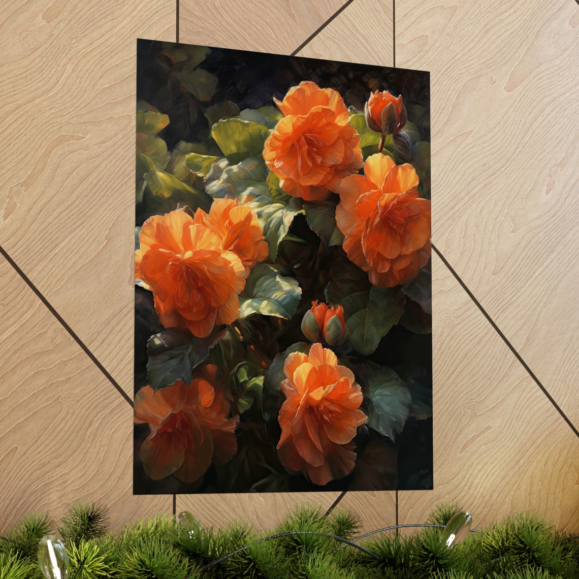 Orange Begonias Dappled Sunlight Dark Garden Blooms Floral Art Poster - Image 2