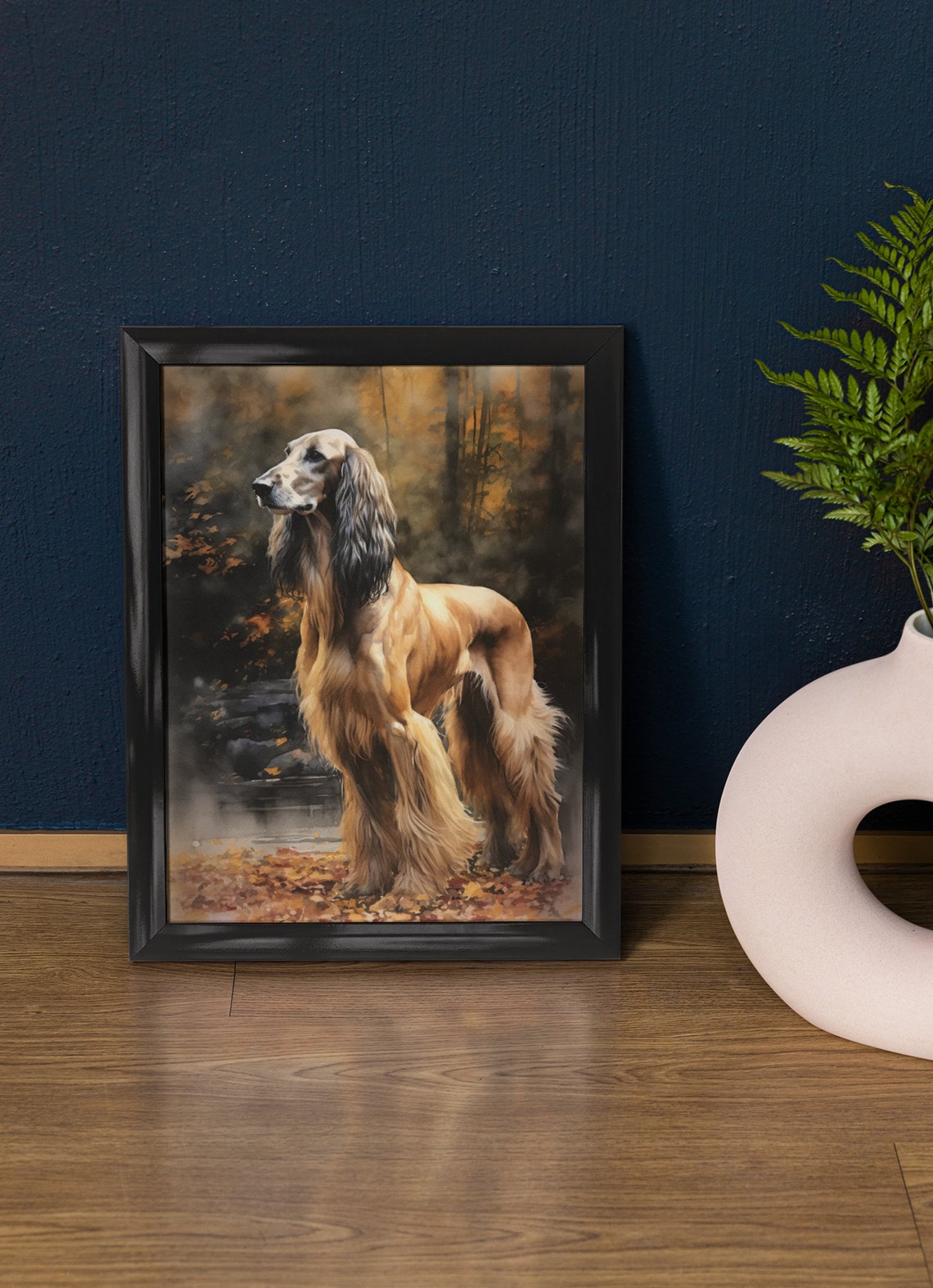 Afghan Hound Standing in Autumn Woods Watercolor Dog Art Print