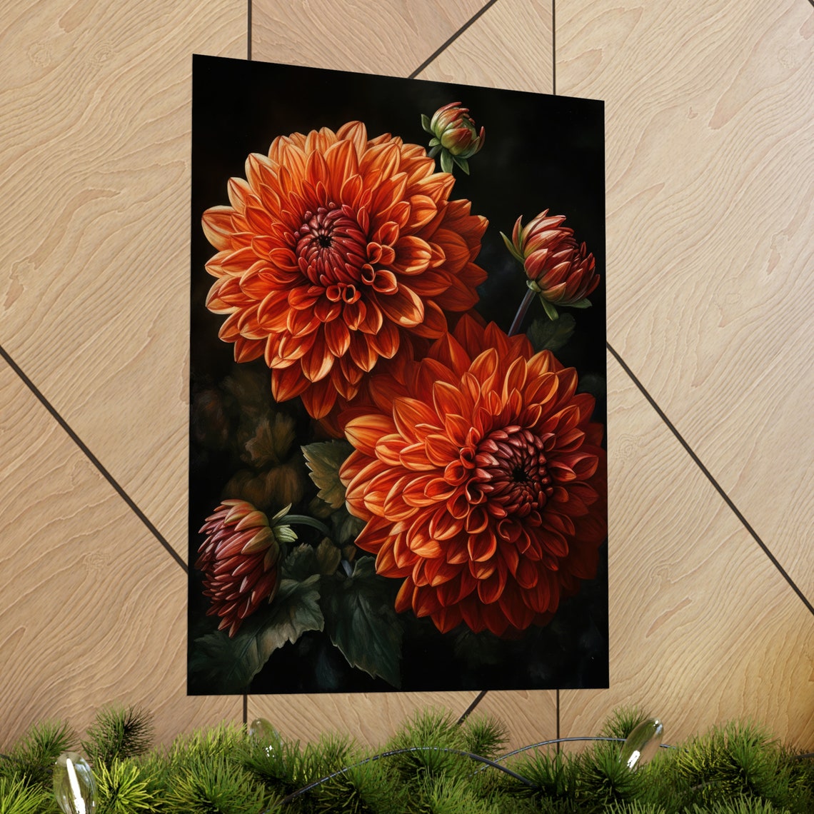Rust Orange Dahlia Blooms Dramatic Dark Floral Botanical Art Print - Image 2
