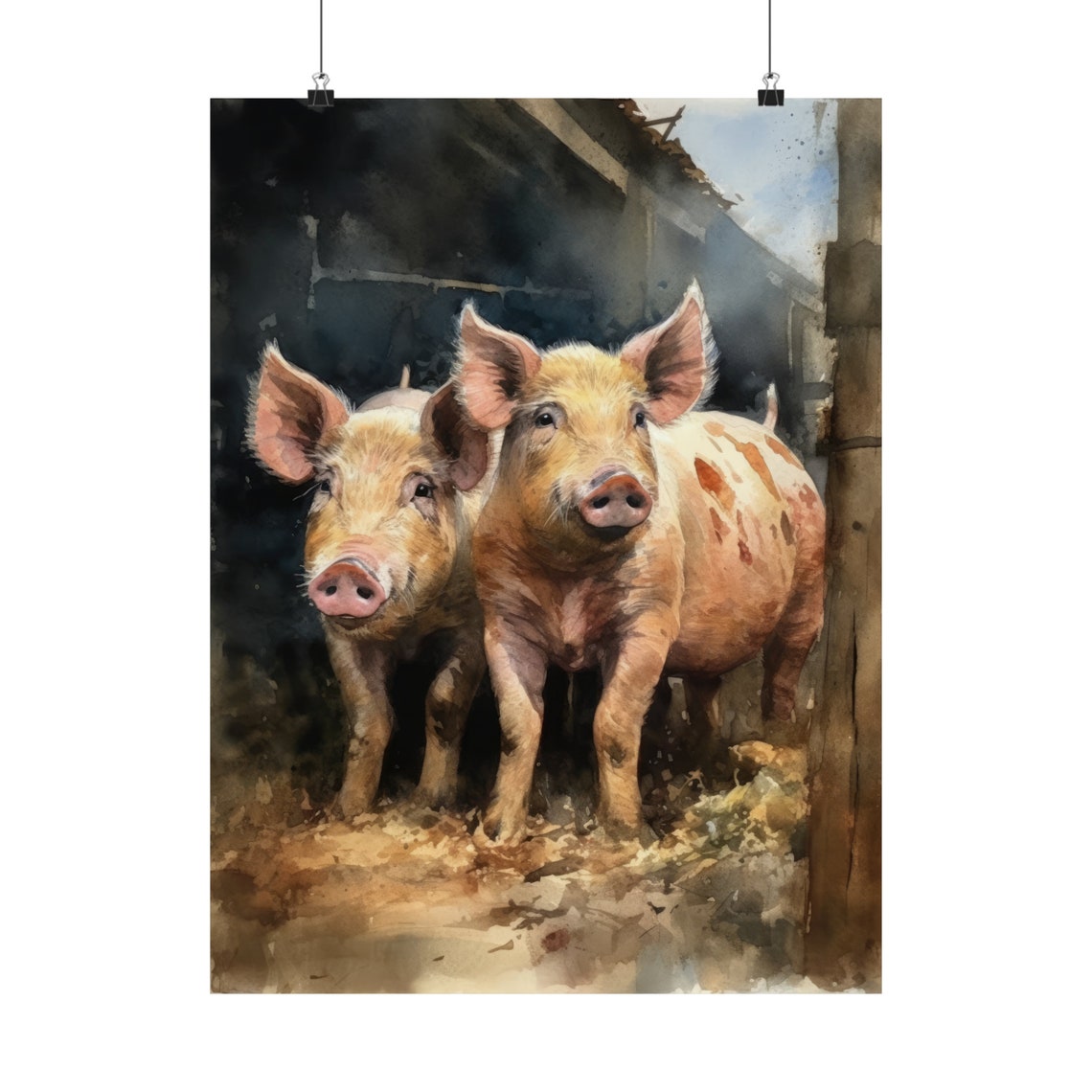 Two Spotted Pigs Barn Door Watercolor Farm Animal Art Poster - Image 5