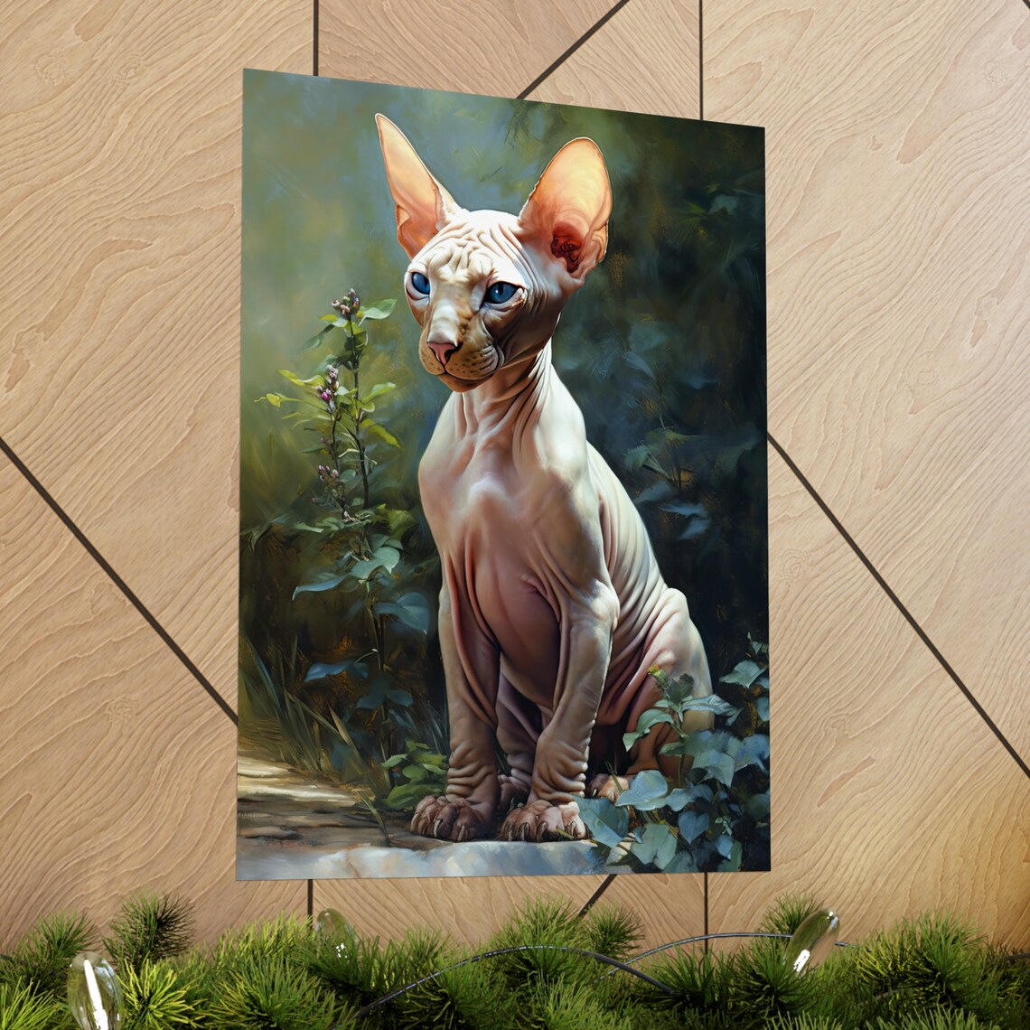 Sphynx Cat Portrait Sunlit Garden Green Eyes Hairless Cat Painting Print - Image 2