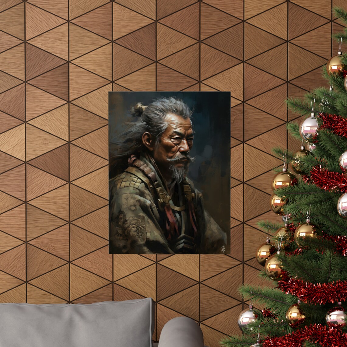 Elderly Ronin Warrior with Grey Topknot Dark Oil Painting Art Print - Image 3
