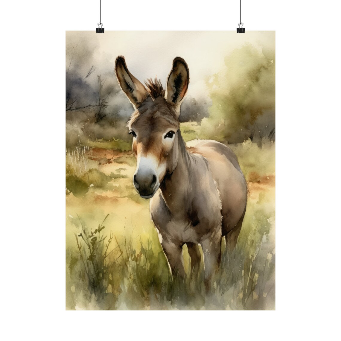 Donkey Portrait Golden Field Watercolor Farm Animal Cute Art Print - Image 5