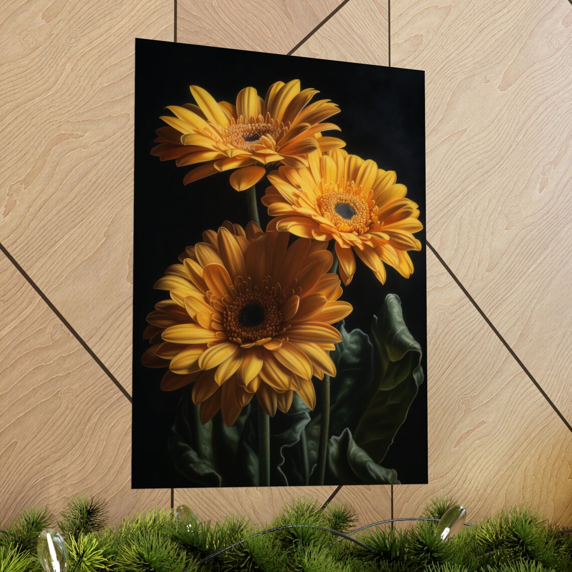 Golden Orange Gerbera Daisies Dark Moody Floral Oil Painting Wall Art - Image 2