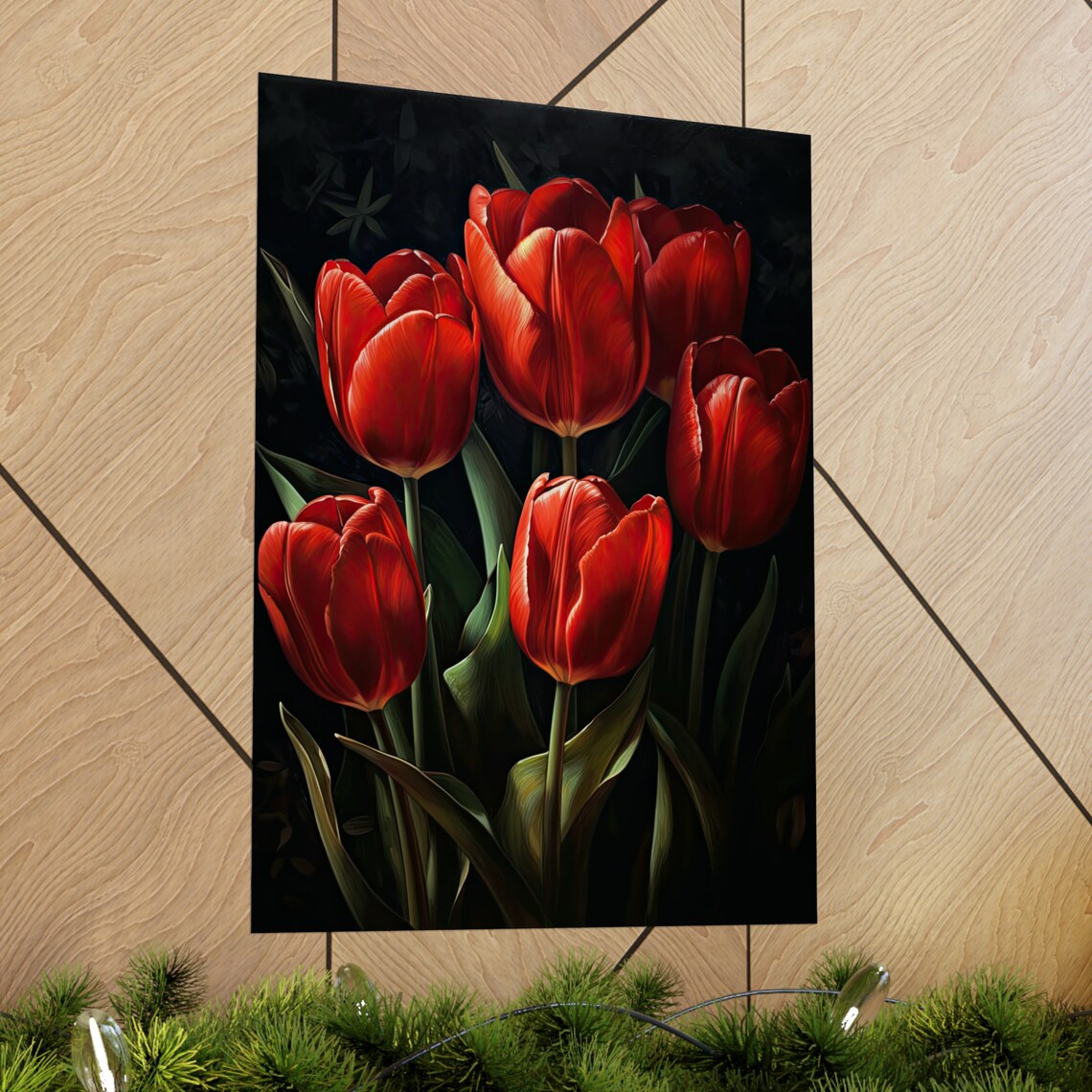 Five Red Tulips Dark Moody Oil Painting Dramatic Floral Wall Art - Image 2