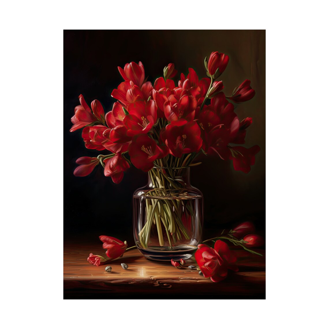 Red Freesia Bouquet Dark Still Life Glass Vase Wooden Table Art Print - Image 4