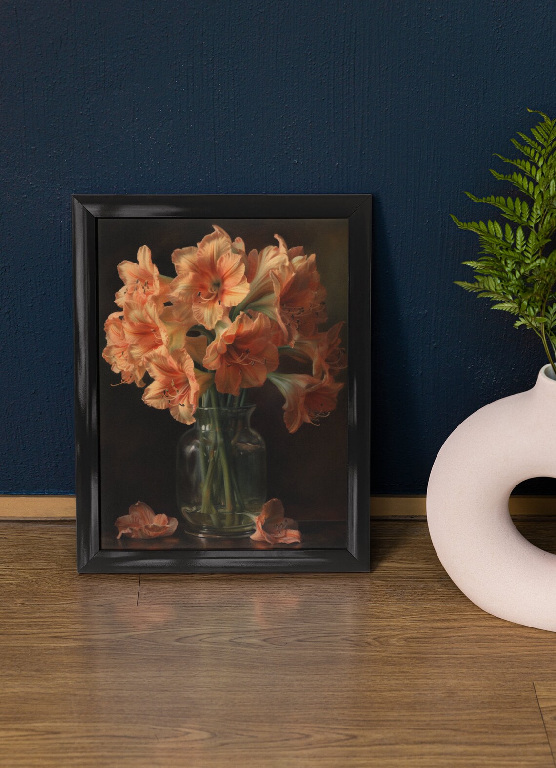 Apricot Amaryllis Blooms Dark Still Life Glass Vase Flower Art Print