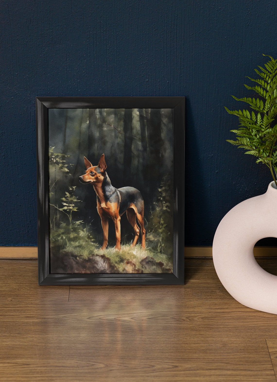 Miniature Pinscher Standing Alert In Dark Forest Watercolor Dog Poster