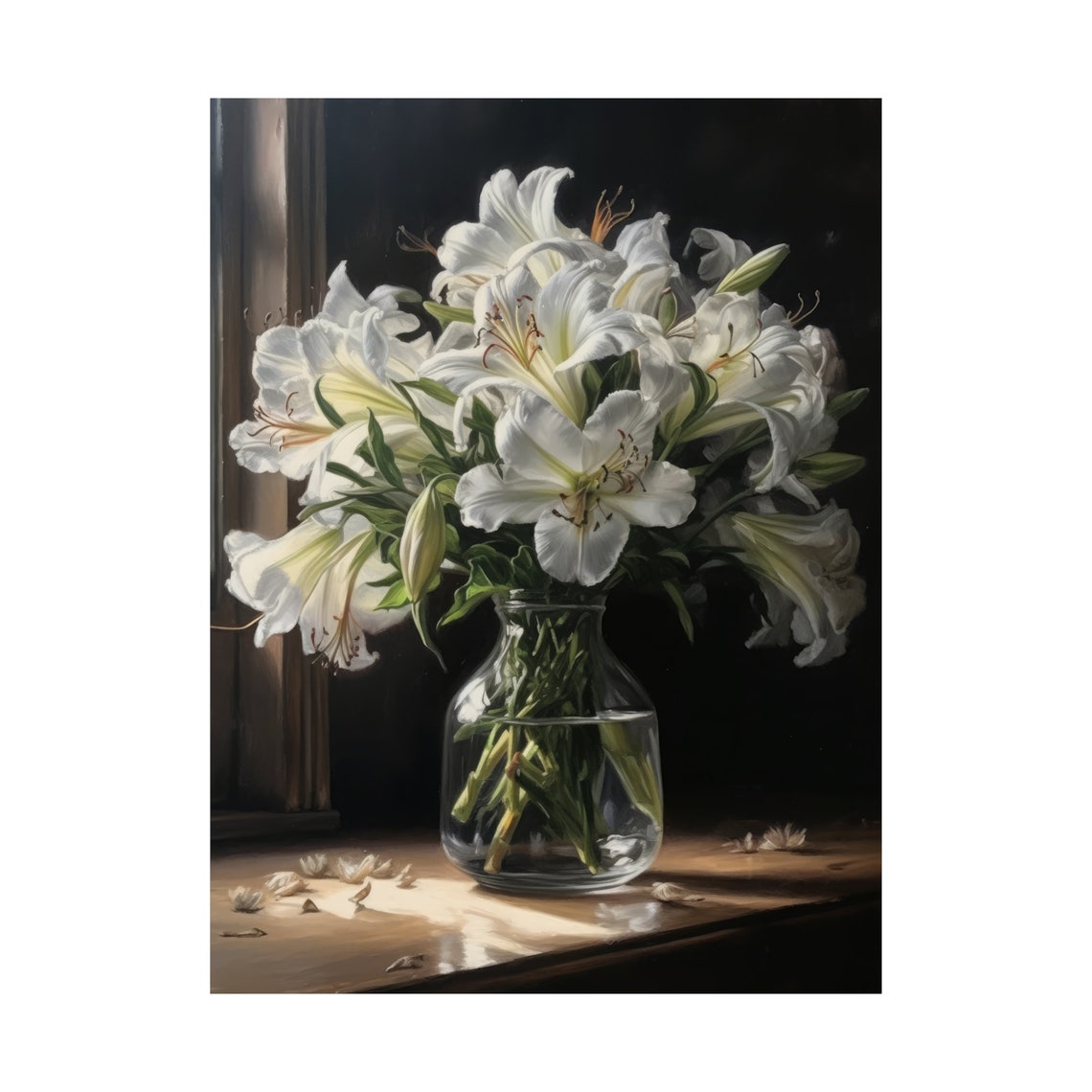 White Peruvian Lily Bouquet Dark Still Life Glass Vase Art Print - Image 4