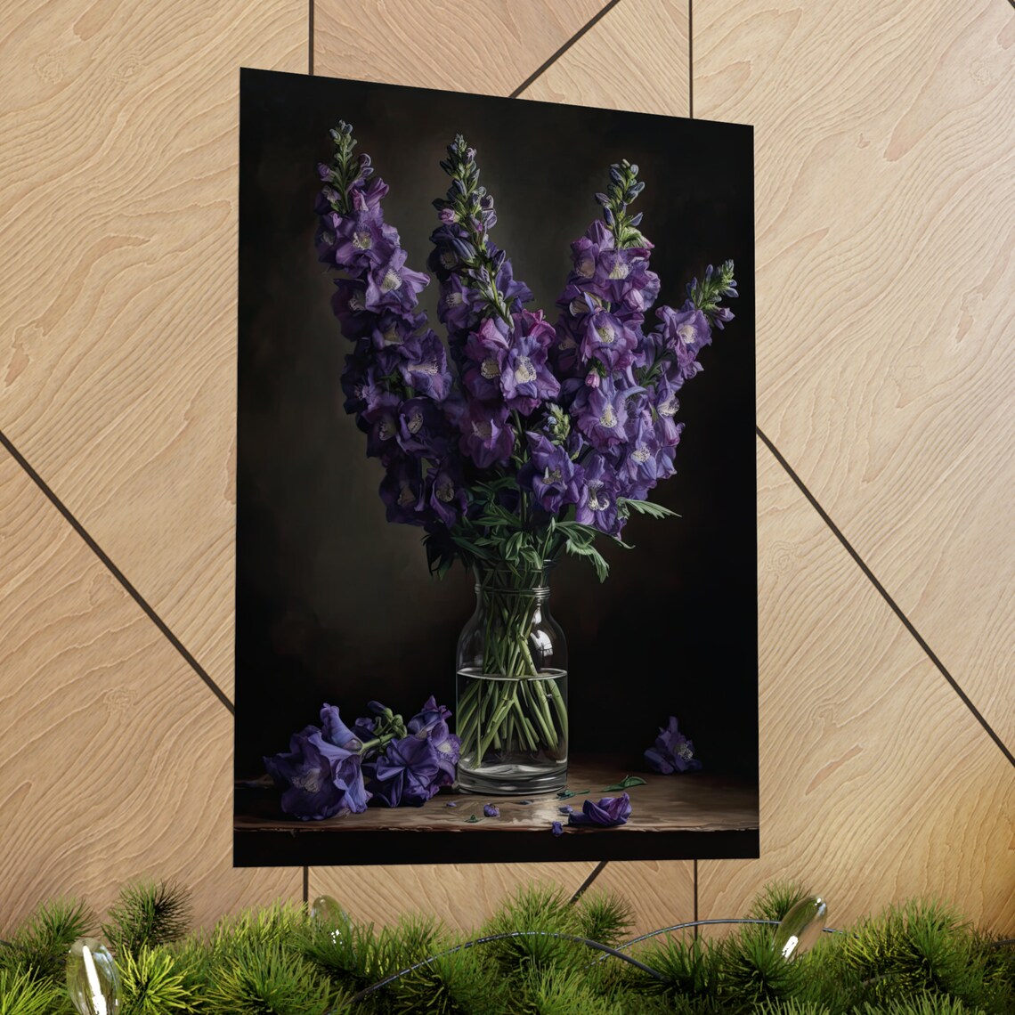 Deep Purple Delphinium Spikes Glass Vase Dark Still Life Poster - Image 2