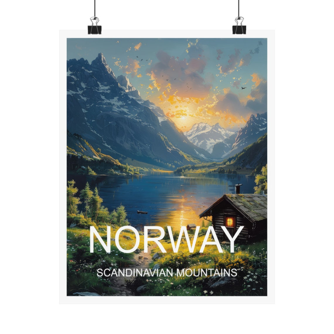 Norway Scandinavian Mountains Fjord Cabin Sunset Travel Poster - Image 4