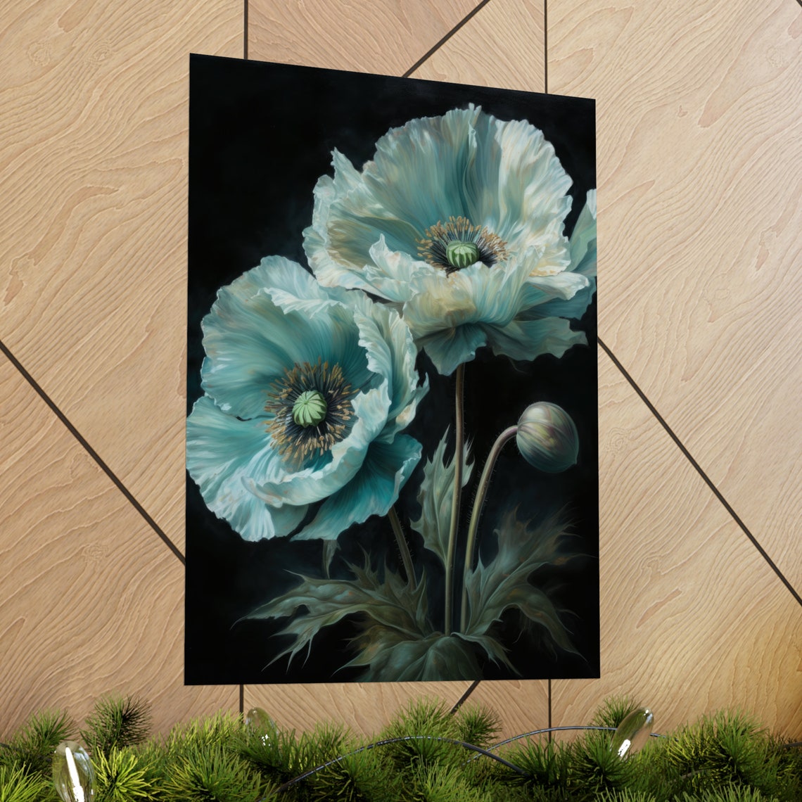 Light Blue Poppy Flowers Icy White Dark Background Painting Poster - Image 2